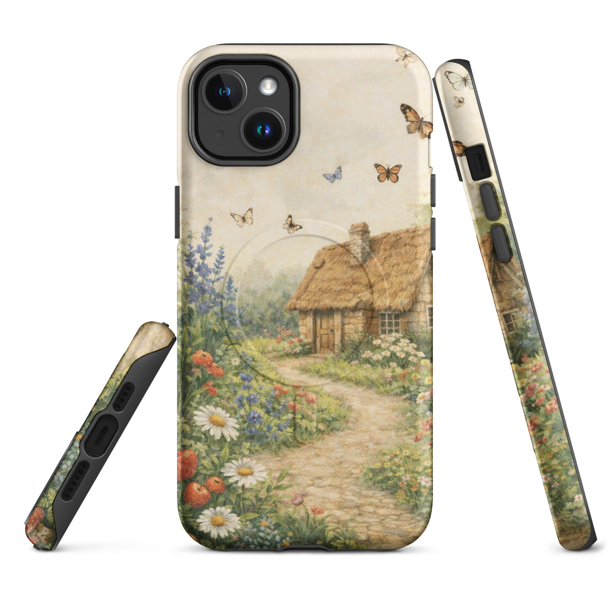 Magnetic Phone Case for iPhone with cottage garden art design featuring flowers and butterflies on a cream background.