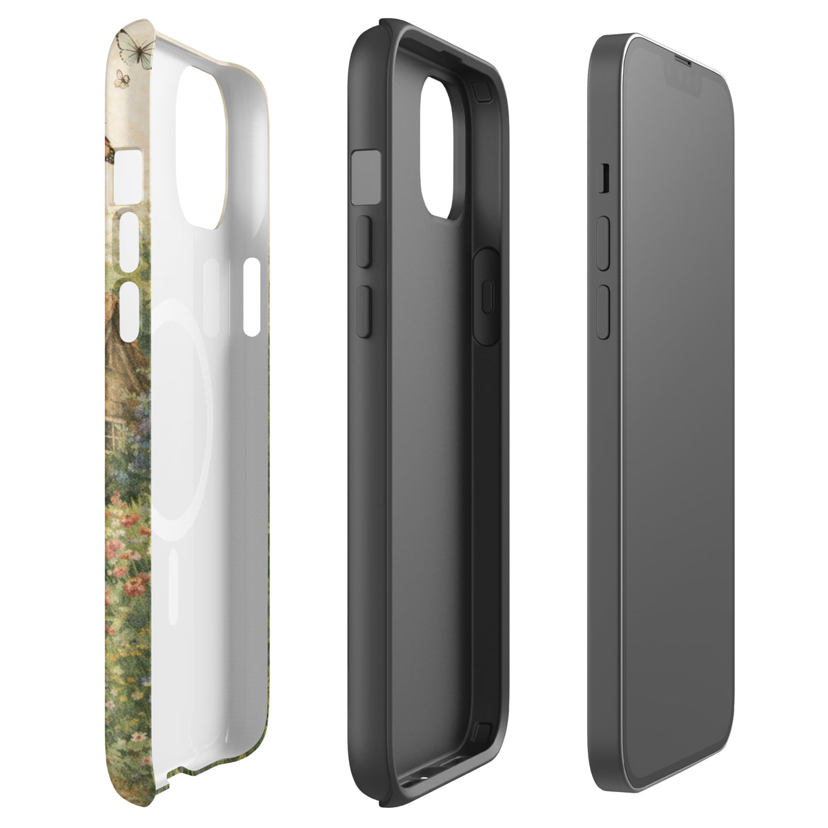 Magnetic Phone Case for iPhone with cottage garden art design, featuring a charming countryside cottage and vibrant garden scene.