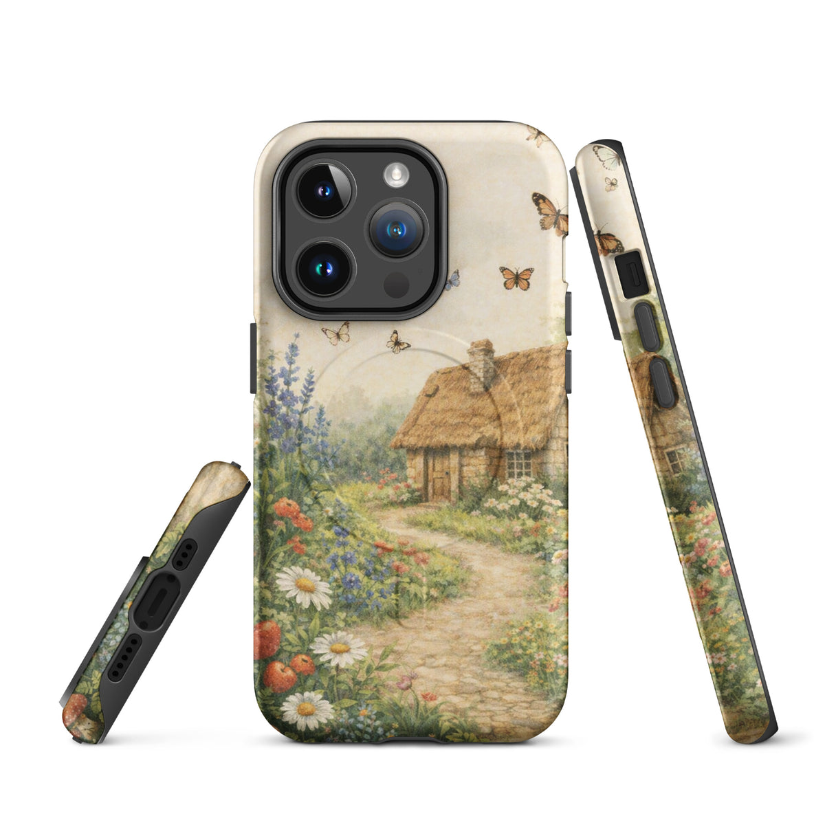 Magnetic Phone Case for iPhone with cottage garden art and cozy thatched-roof design, showcasing wildflowers and a stone path.