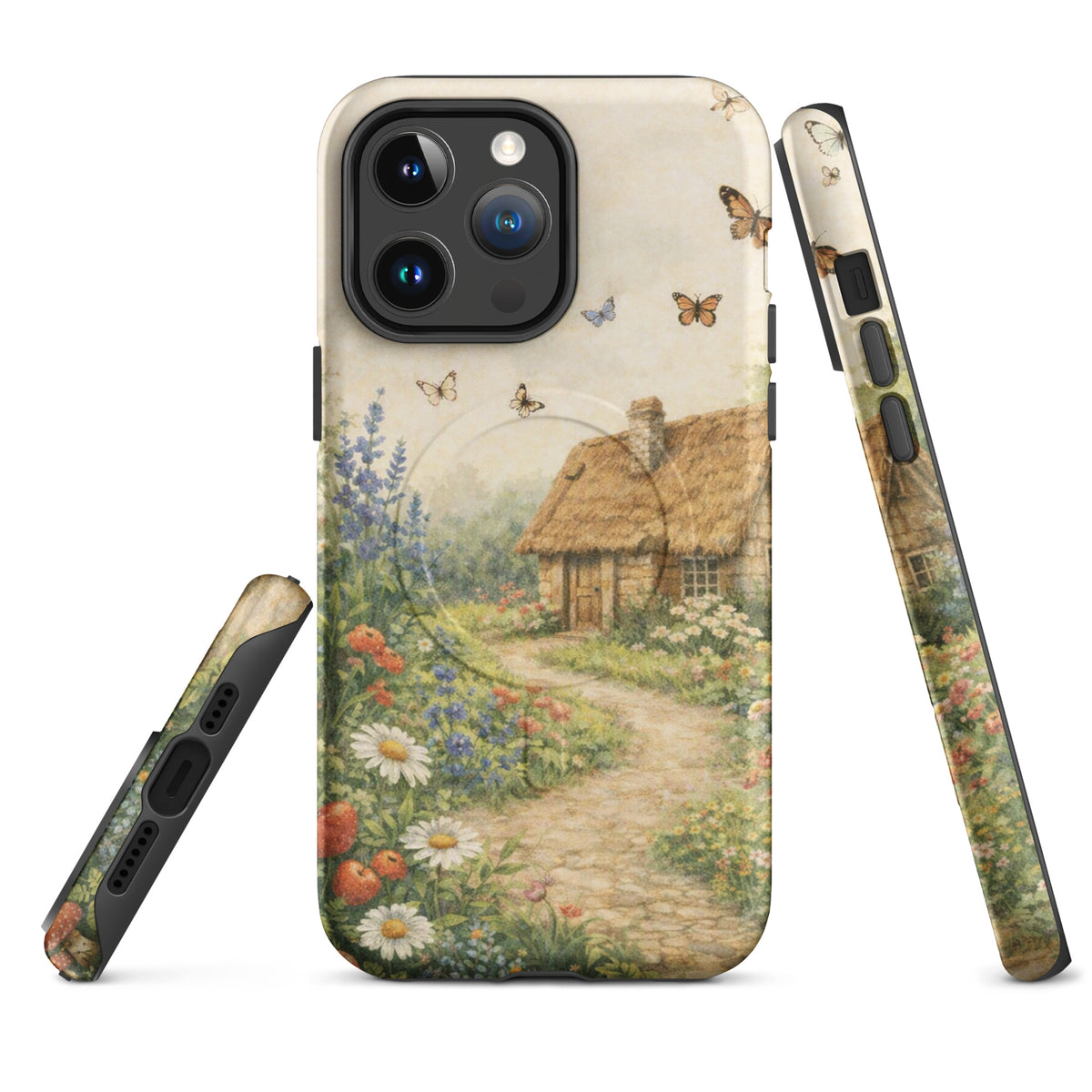 Magnetic Phone Case for iPhone with cottage garden art, featuring a thatched-roof stone cottage and flower garden.
