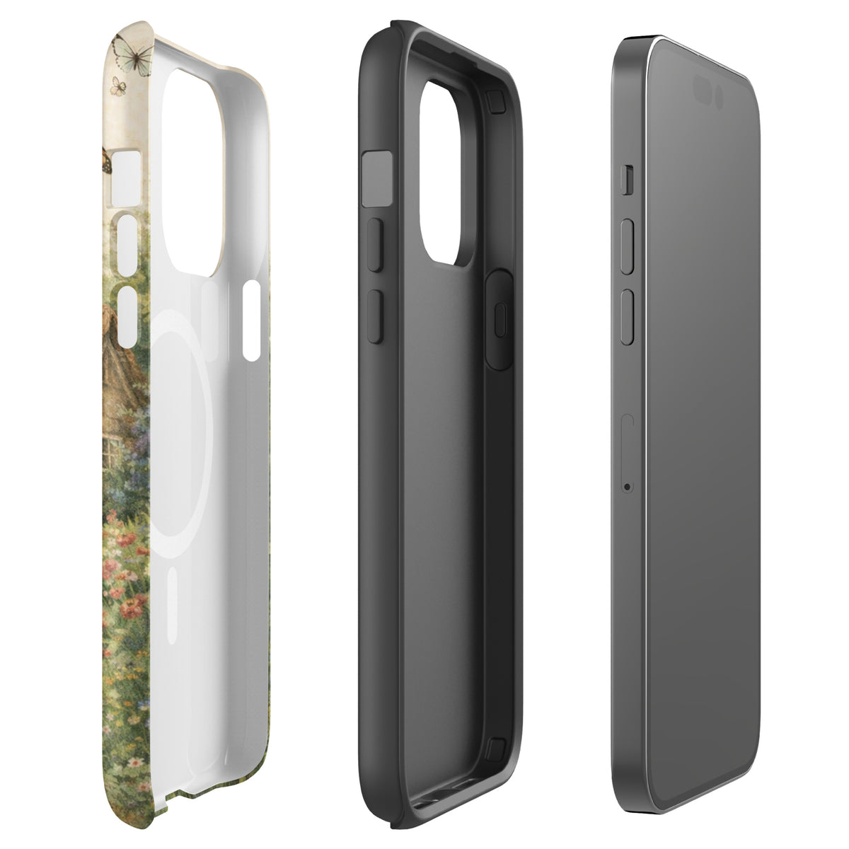 Magnetic Phone Case for iPhone featuring cottage garden art design, with painterly stone cottage and vibrant flowers