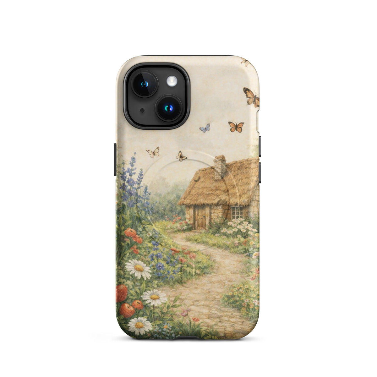 Magnetic Phone Case with a cottage garden art design featuring a stone cottage, flowers, and butterflies on a cream background.