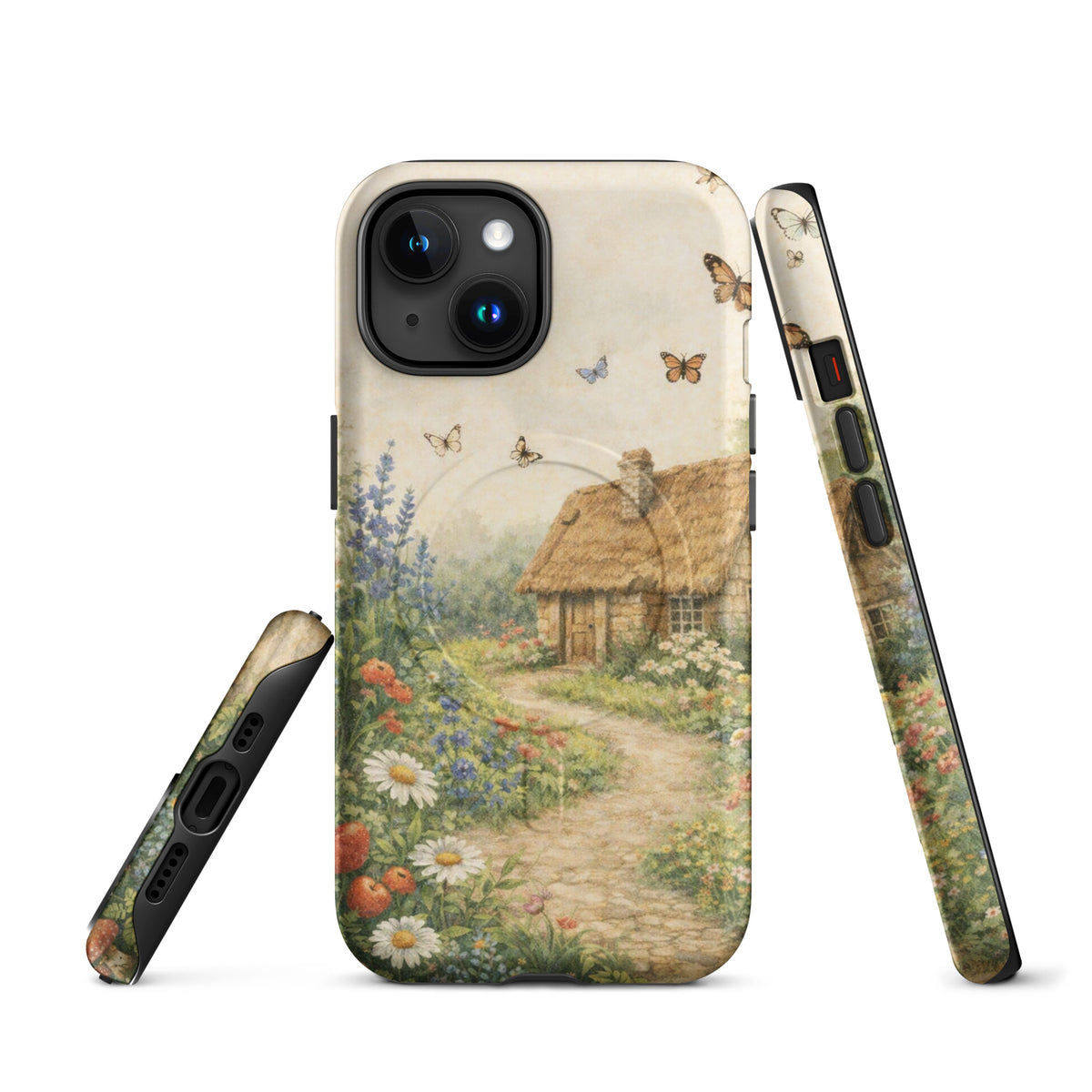 Magnetic Phone Case for iPhone with cottage garden art, featuring a charming stone cottage and vibrant flowers.