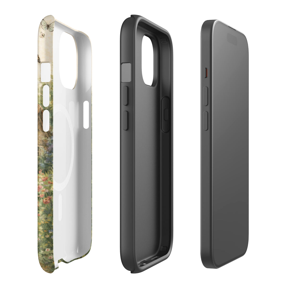 Magnetic Phone Case for iPhone featuring cottage garden art with daisy and poppy floral design, side and back view.