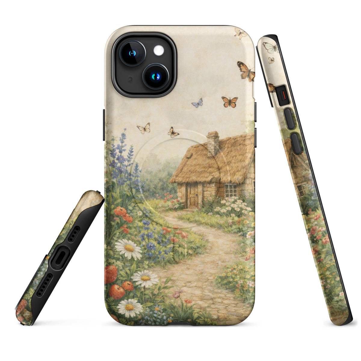 Magnetic Phone Case for iPhone with cottage garden art featuring a stone cottage, daisies, poppies, and butterflies.
