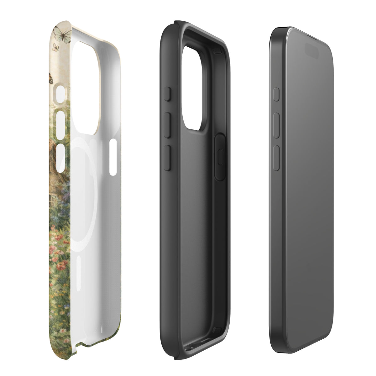 Magnetic Phone Case for iPhone with Cottage Garden Art design featuring a stone cottage and vibrant garden