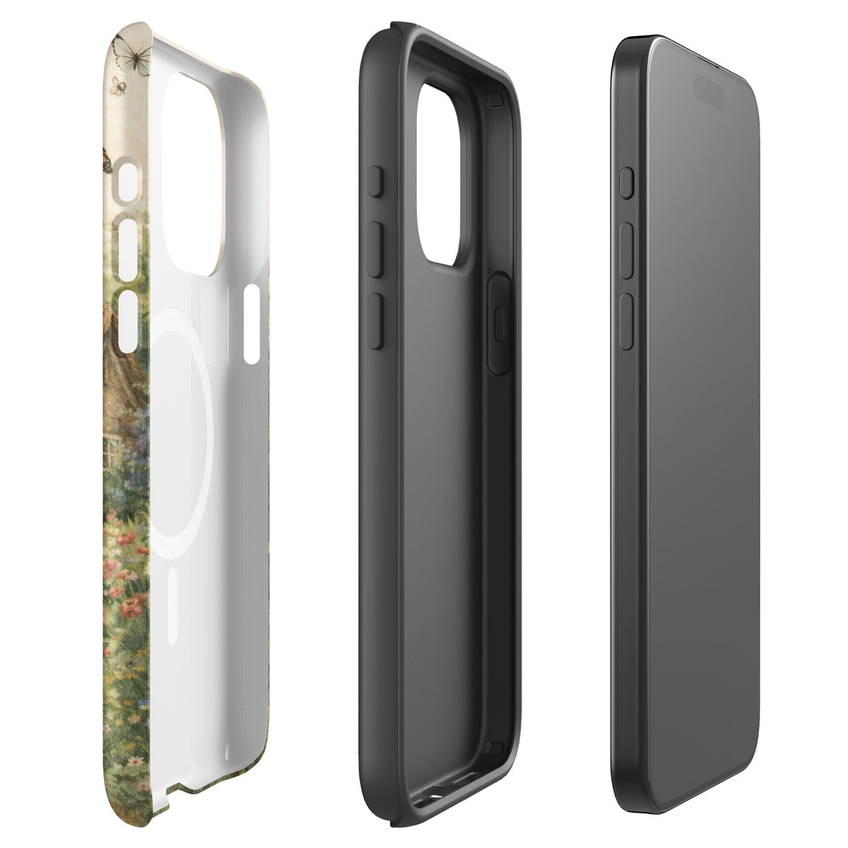 Magnetic Phone Case for iPhone with Cottage Garden Art and charming countryside design, showing three angles of the case.