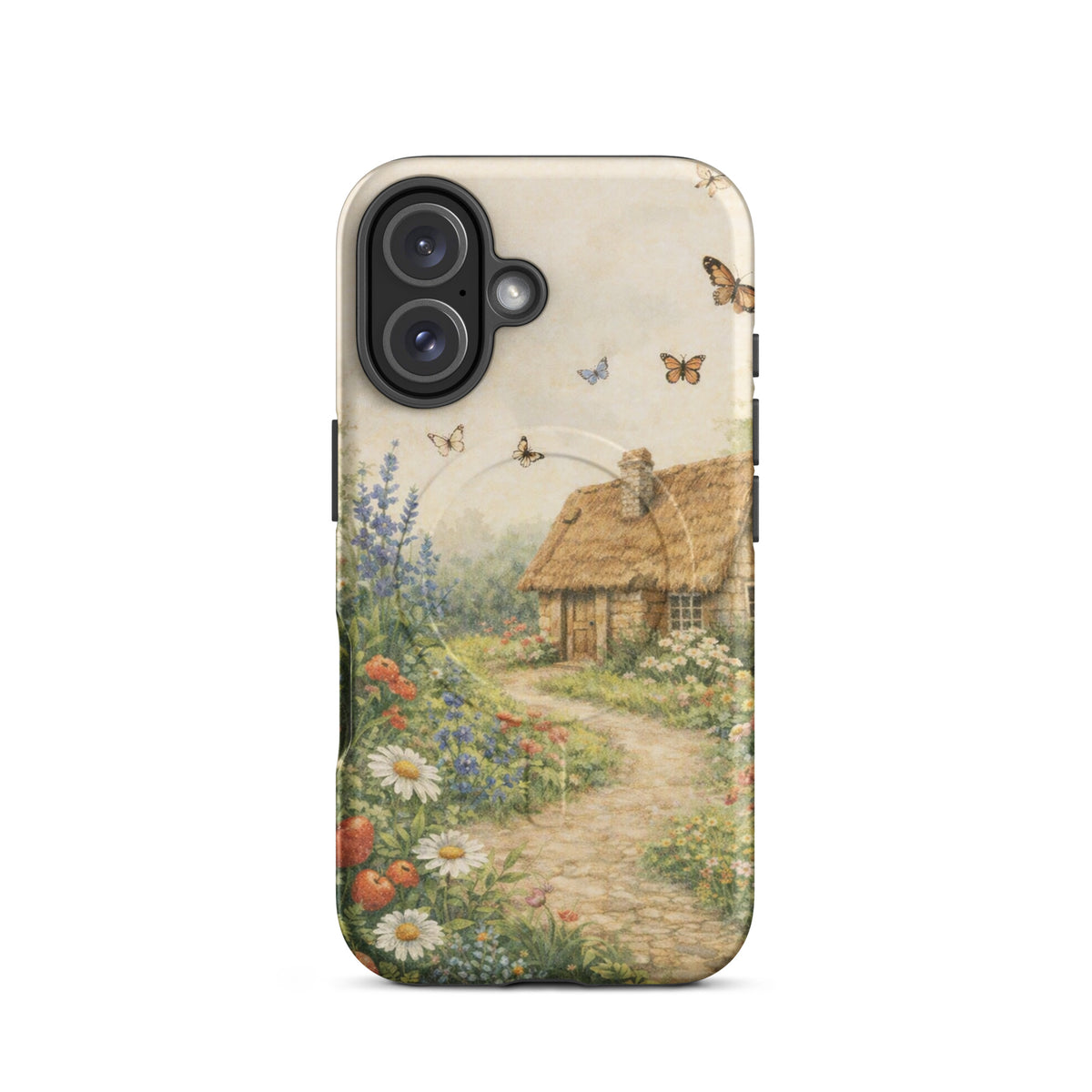 Magnetic Phone Case featuring a thatched-roof cottage with a garden, daisies, poppies, and butterflies on a cream background.