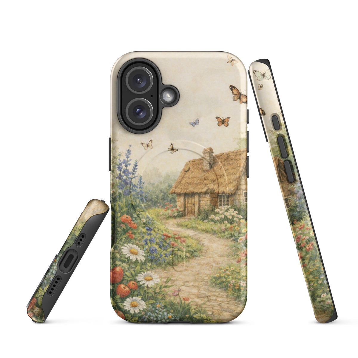 Magnetic Phone Case with cottage garden art and floral design, featuring a thatched-roof cottage and garden for iPhone.