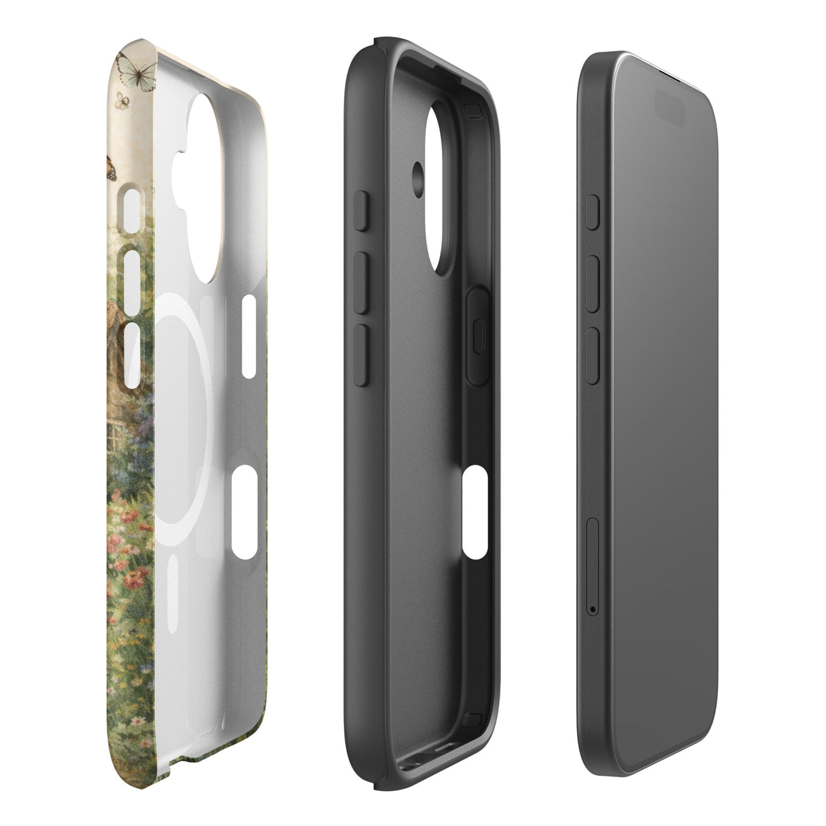 Magnetic Phone Case for iPhone featuring cottage garden art with a charming stone cottage and vibrant flowers on a cream background.