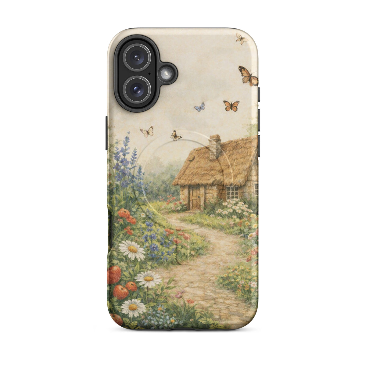 Magnetic Phone Case for iPhone featuring a cozy thatched-roof cottage and garden art with daisies, poppies, and butterflies.