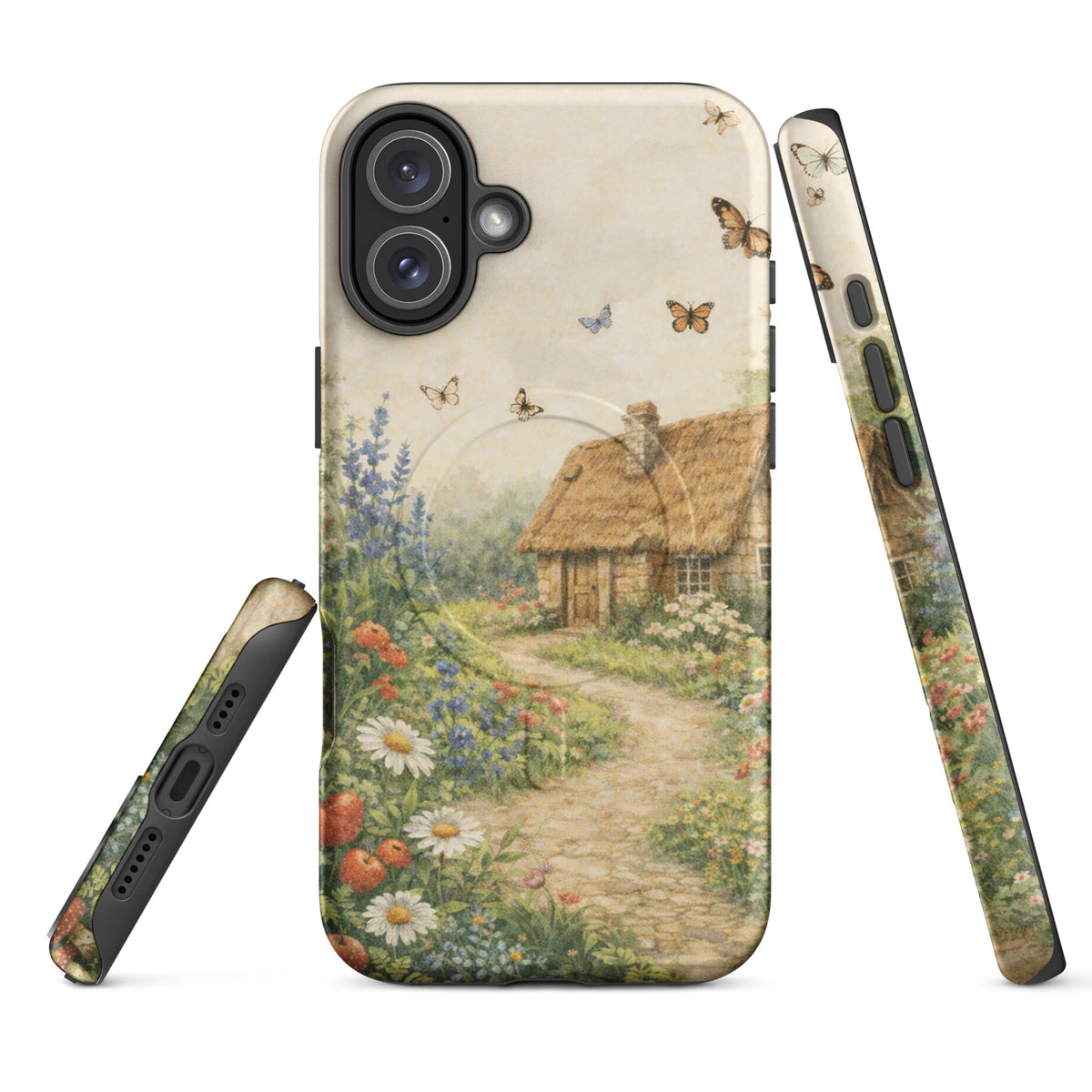 Magnetic Phone Case for iPhone featuring a cozy stone cottage with a garden of daisies and poppies, artistic countryside charm design.