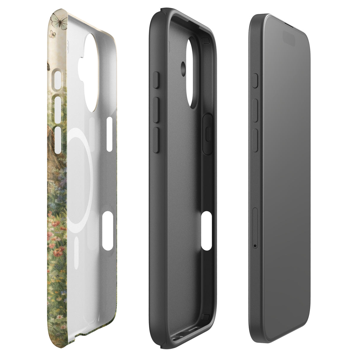 Magnetic Phone Case for iPhone featuring cottage garden art with a cozy thatched-roof cottage and lively floral design.