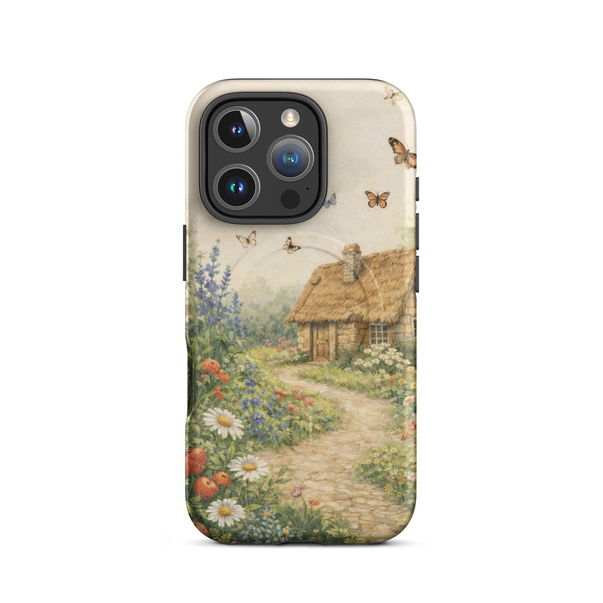 Magnetic Phone Case with cottage garden art design, featuring a stone cottage and floral pathway.