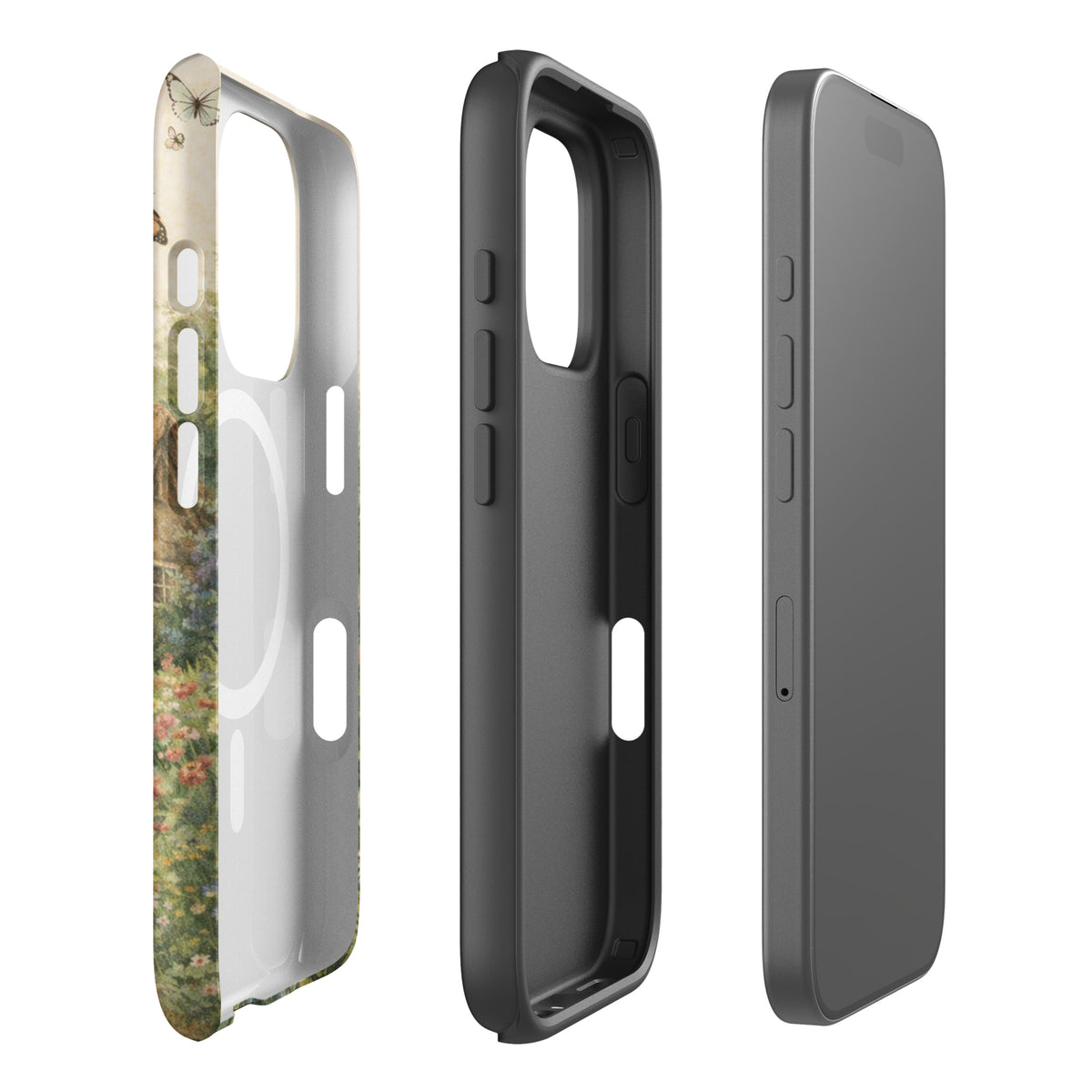 Magnetic Phone Case with Cottage Garden Art for iPhone, featuring a cottage and garden design on a cream background.