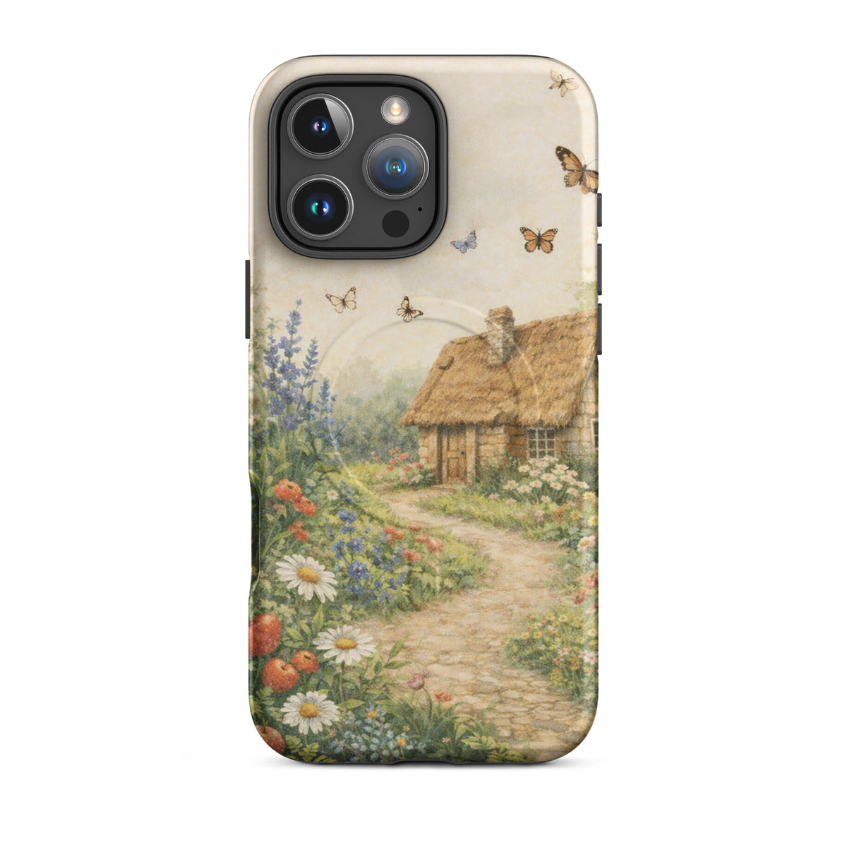 Magnetic Phone Case with cozy cottage garden art featuring flowers and butterflies.