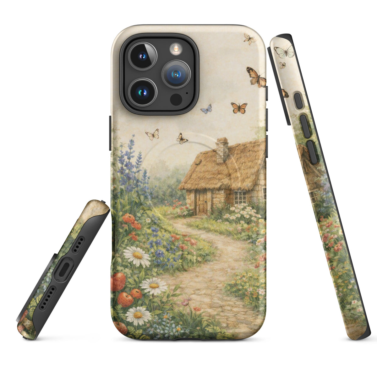 Magnetic Phone Case for iPhone with cottage garden art design, featuring a quaint stone cottage, flowers, and butterflies.