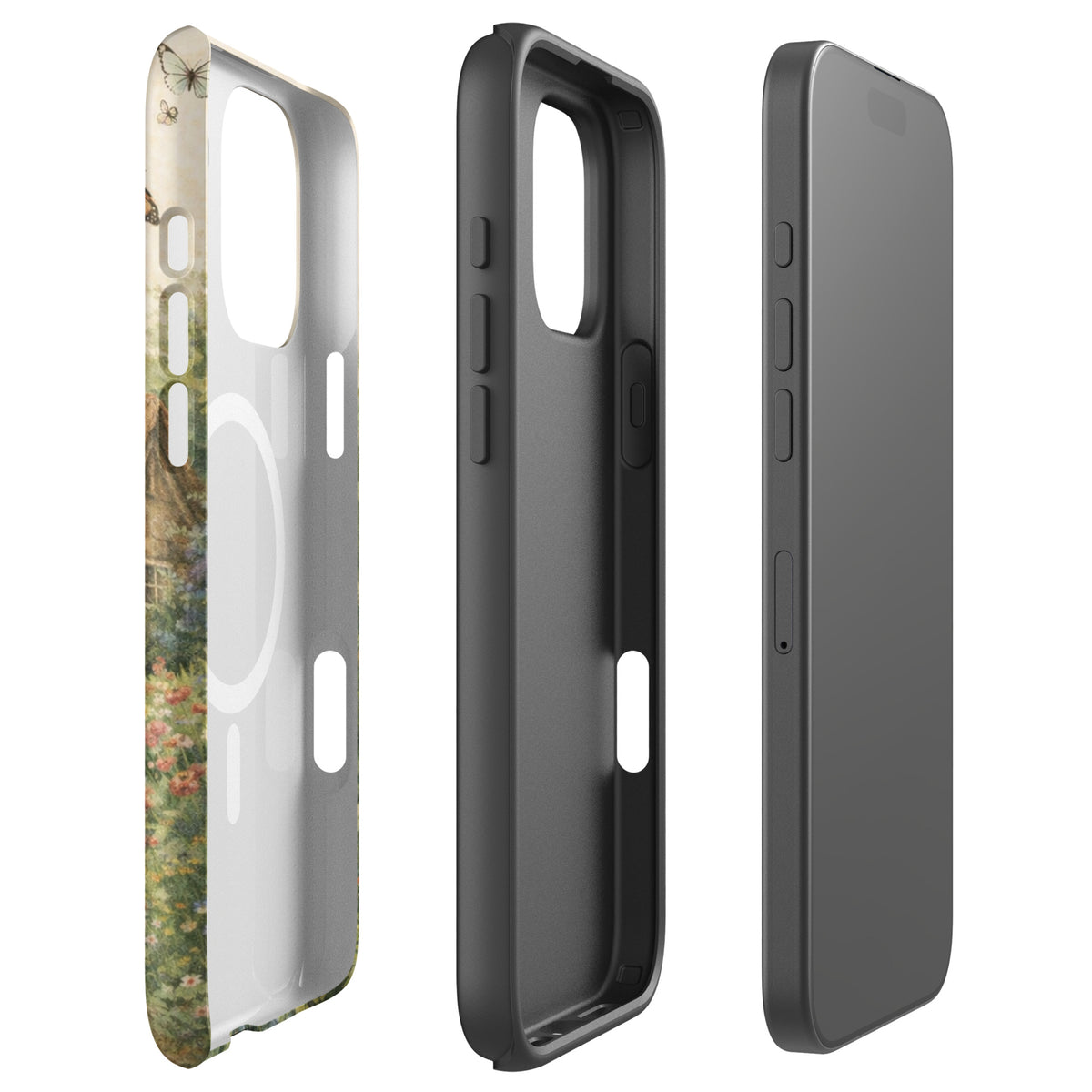Magnetic Phone Case with cottage garden design for iPhone, side and front views, showcasing protective and artistic features.