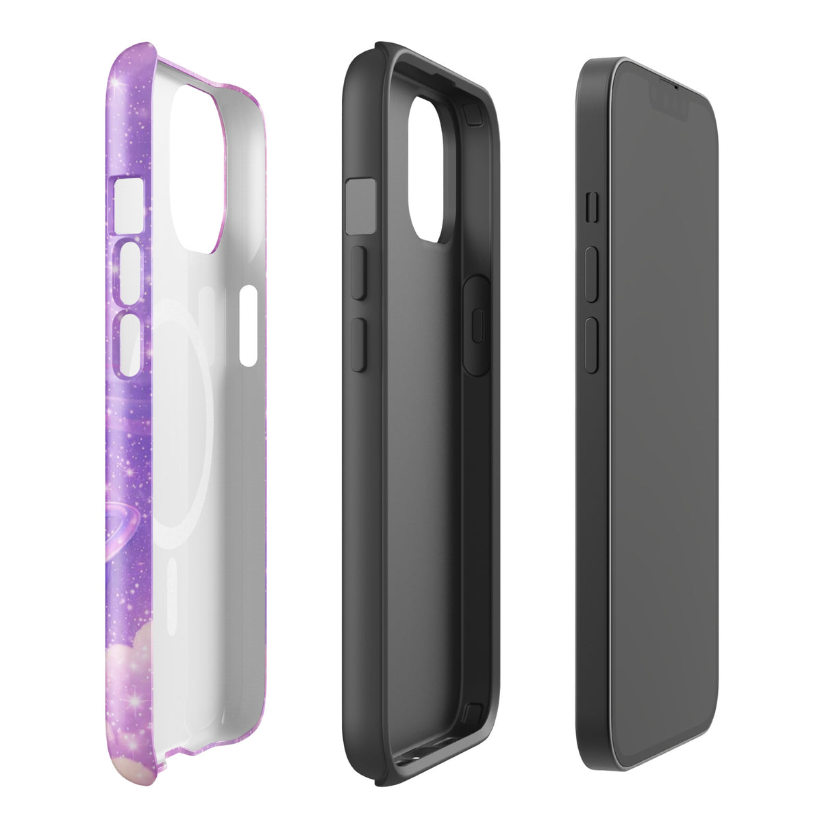 Magnetic Phone Case for iPhone with Cosmic Heart and Shooting Star Design, featuring metallic chrome heart and pastel clouds.