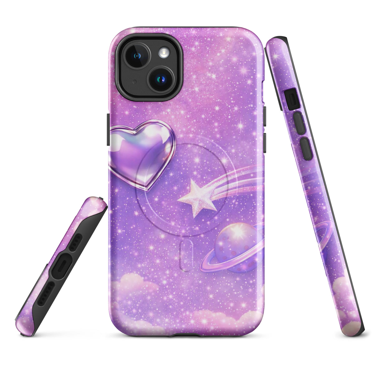 Magnetic Phone Case for iPhone with cosmic heart, shooting star, and pastel sky design on a purple background.