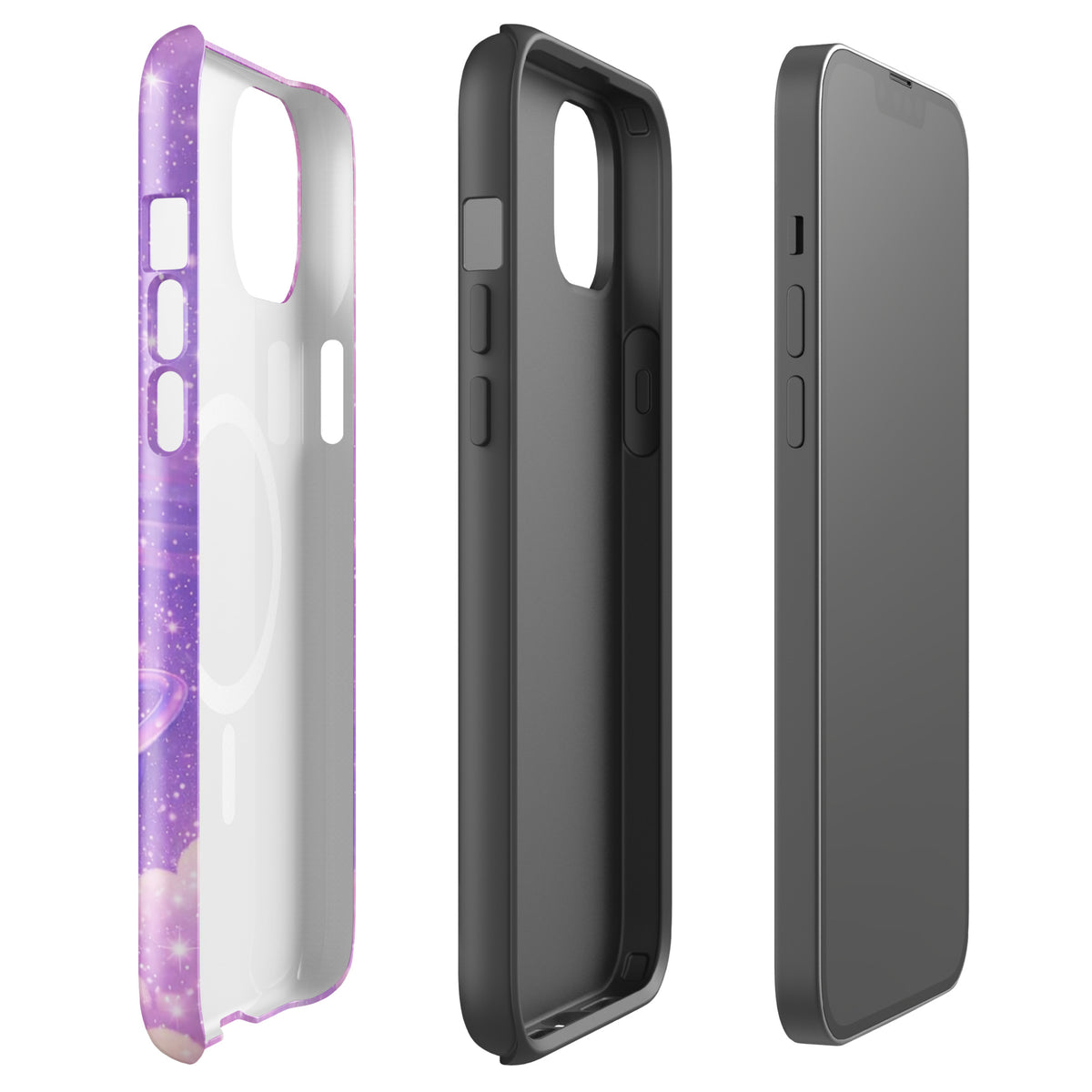 Magnetic Phone Case for iPhone with Cosmic Heart and Shooting Star design. Iridescent and celestial design featuring chrome hearts.