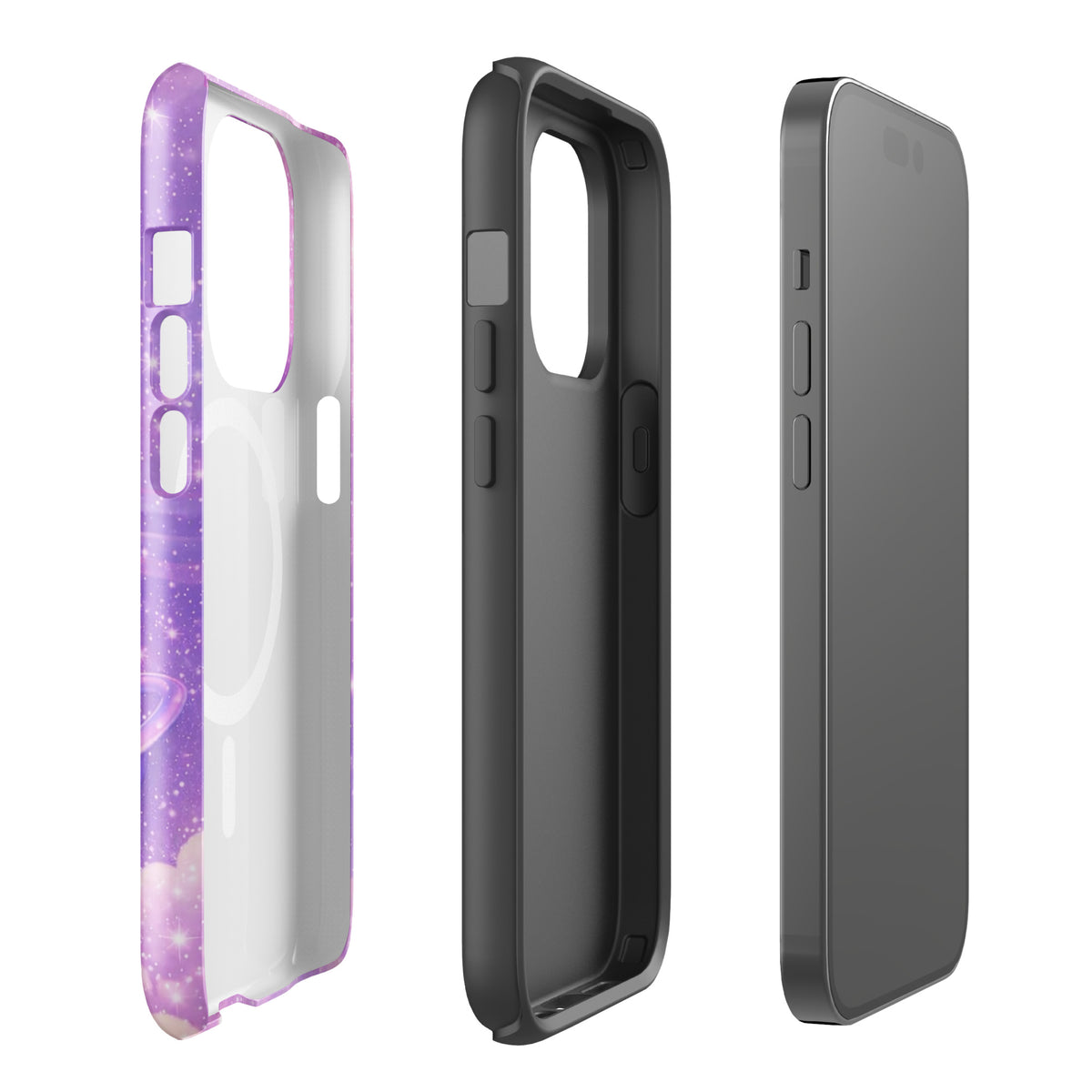 Side view of Magnetic Phone Case for iPhone with Cosmic Heart and Shooting Star design, featuring pastel and cosmic motifs.