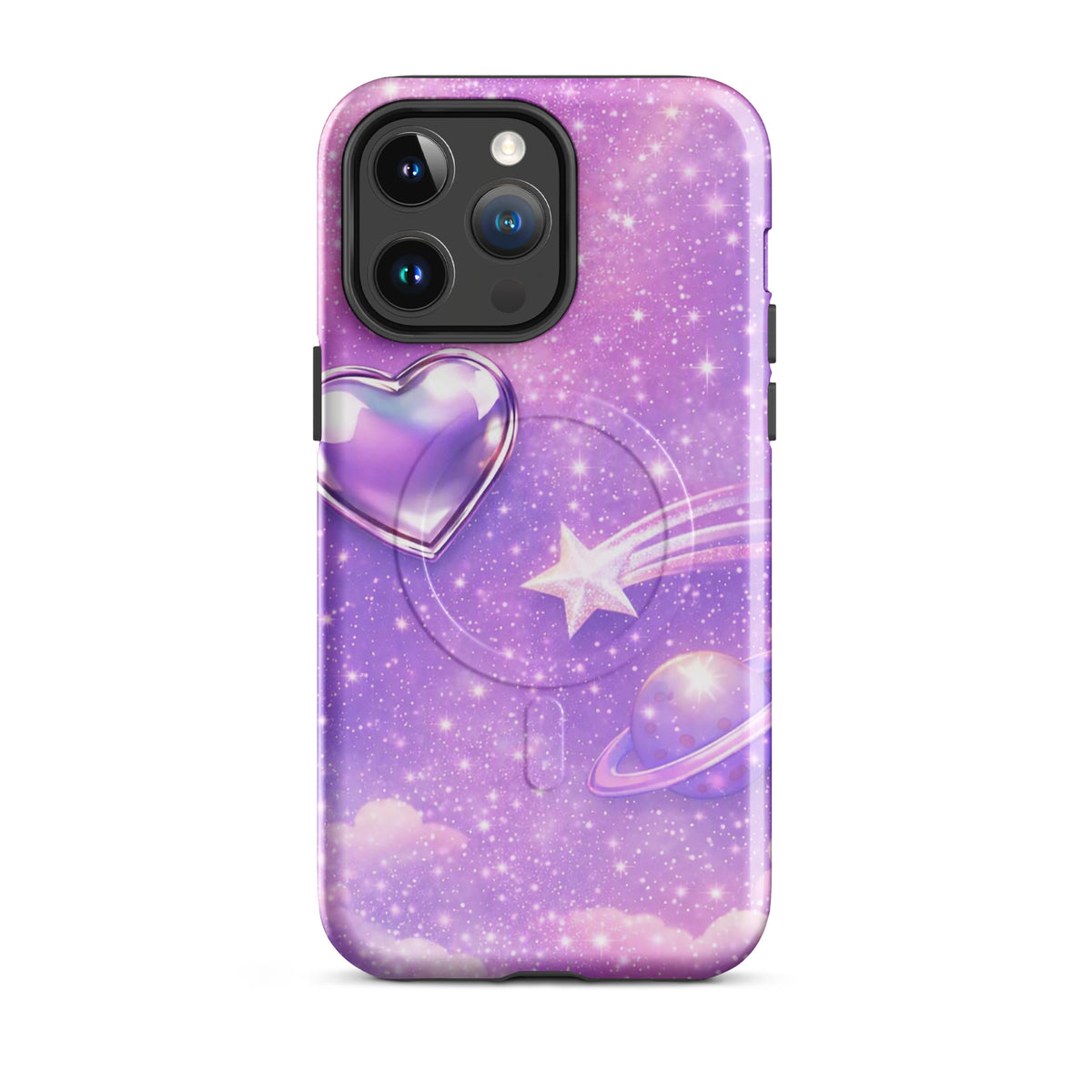 Magnetic Phone Case for iPhone with cosmic heart and shooting star design on a starry purple background.