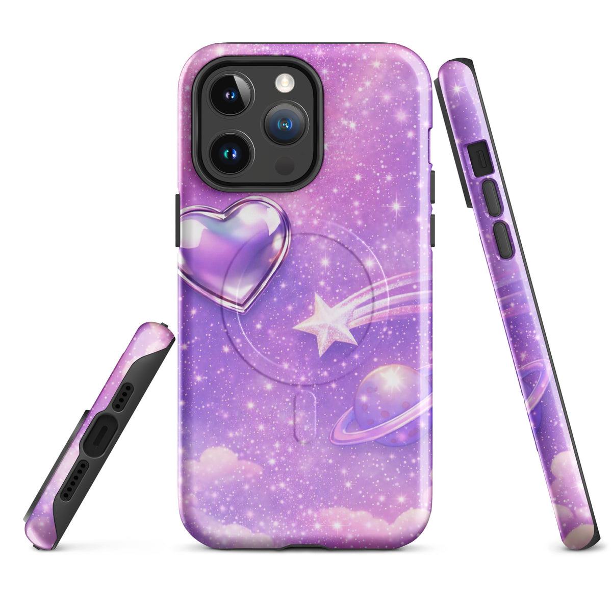 Magnetic Phone Case for iPhone - Cosmic Heart design with shooting star, ringed planet, and stars on pastel clouds background.