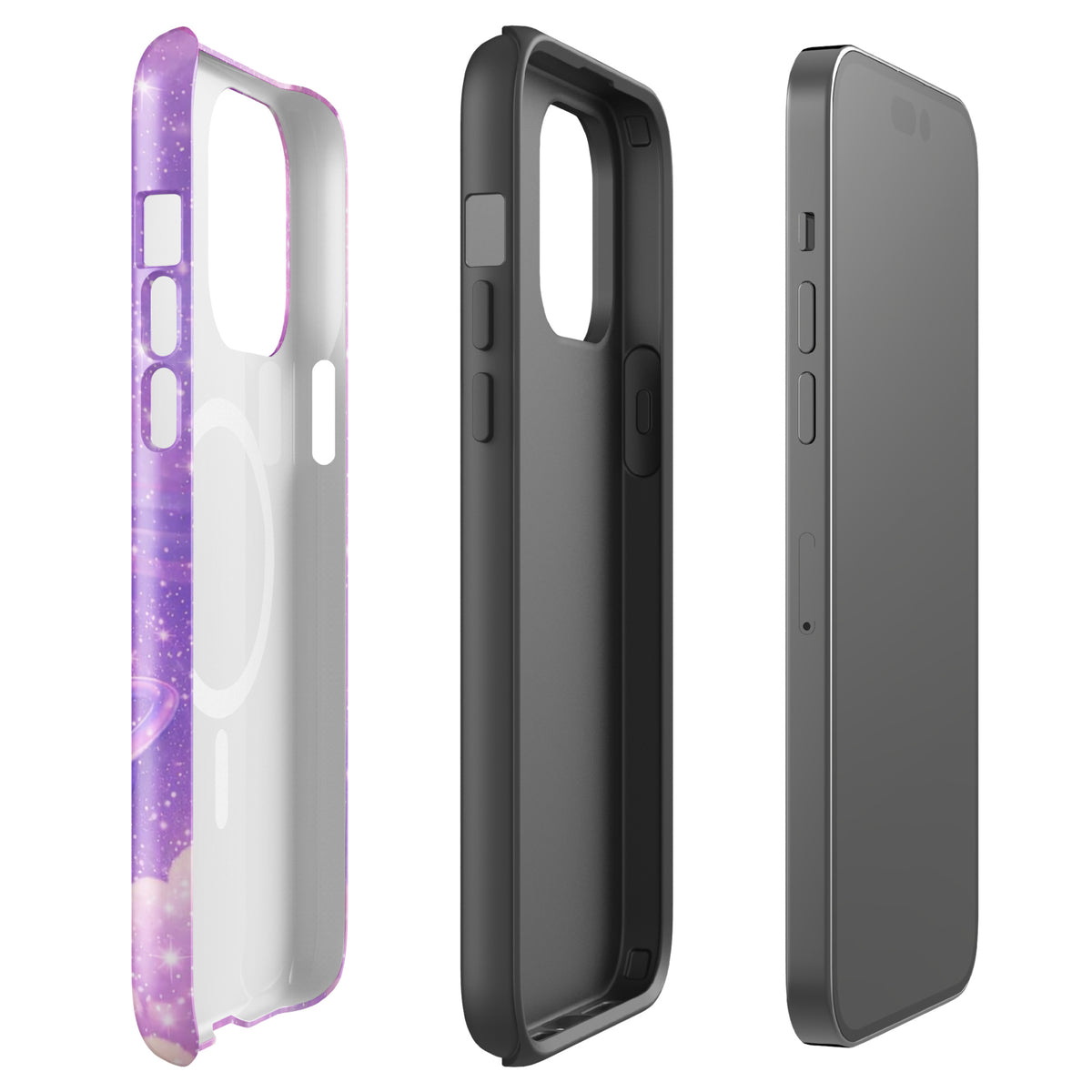 Side view of Magnetic Phone Case for iPhone with cosmic design, featuring metallic heart, shooting star, and pastel clouds.