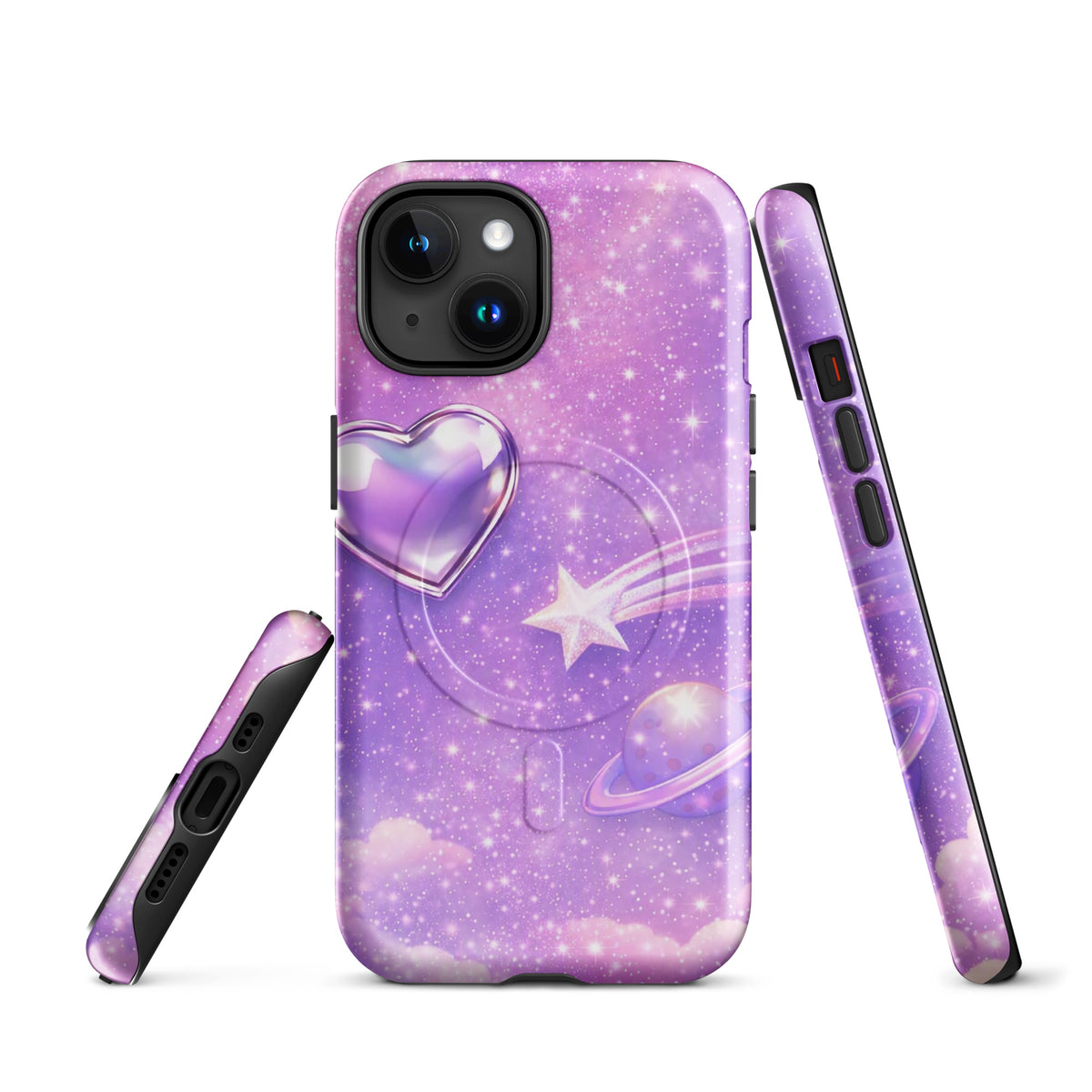 Magnetic Phone Case for iPhone with Cosmic Heart and Shooting Star Design, featuring pastel clouds and celestial elements on a purple background.