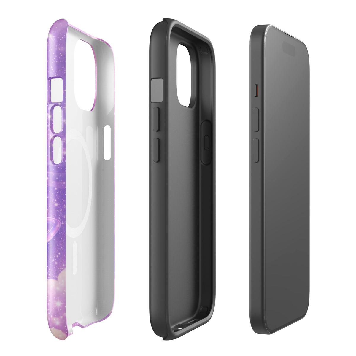 Magnetic Phone Case for iPhone with Cosmic Heart and Shooting Star Design, showcasing its protective qualities and celestial artwork.