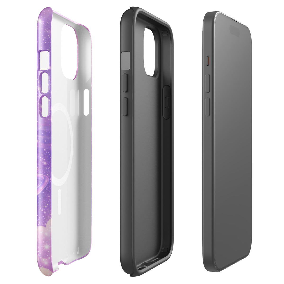 Cosmic Heart Magnetic Phone Case for iPhone with shooting stars and pastel clouds design.