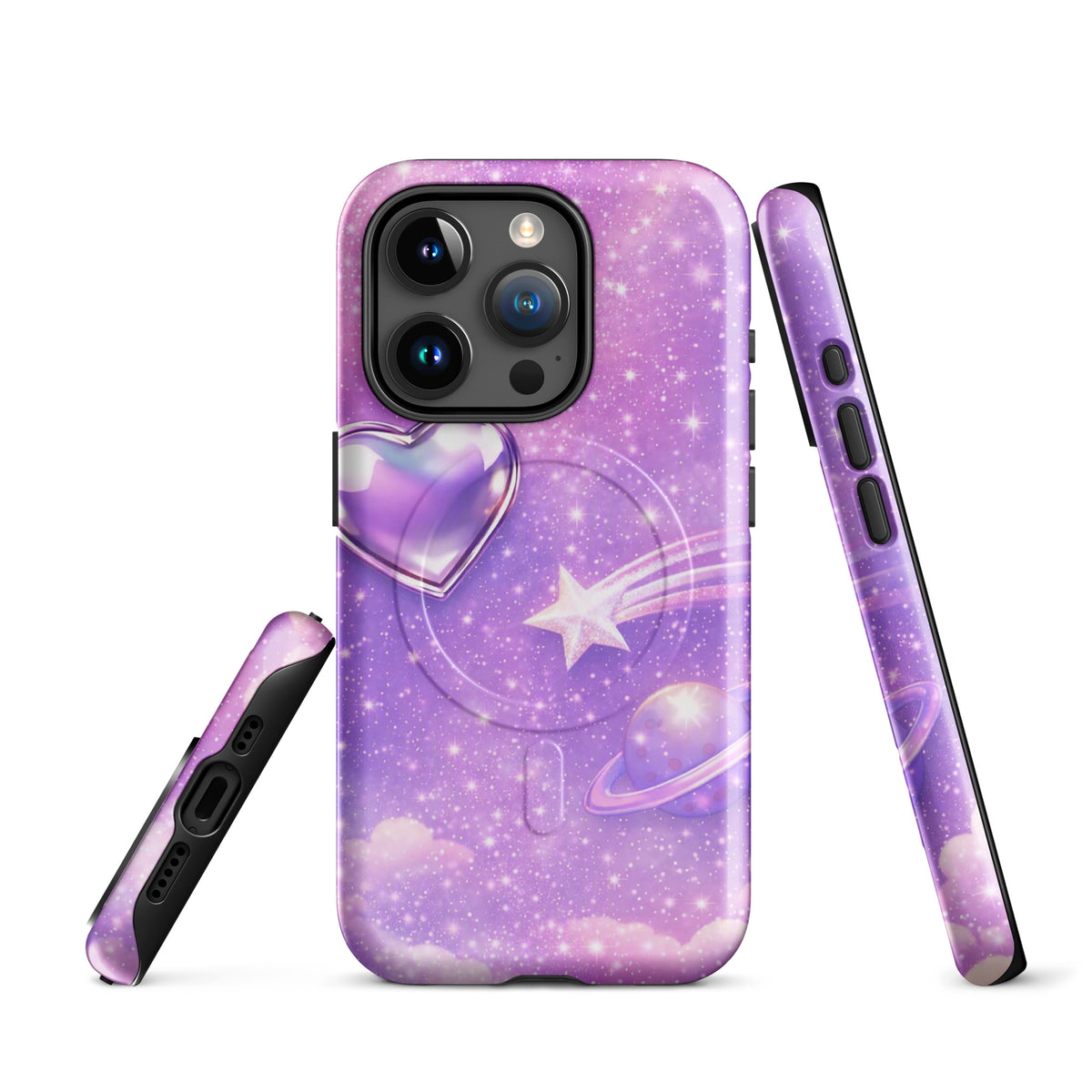 Magnetic Phone Case for iPhone with cosmic heart and shooting star design featuring pastel clouds and twinkling stars.