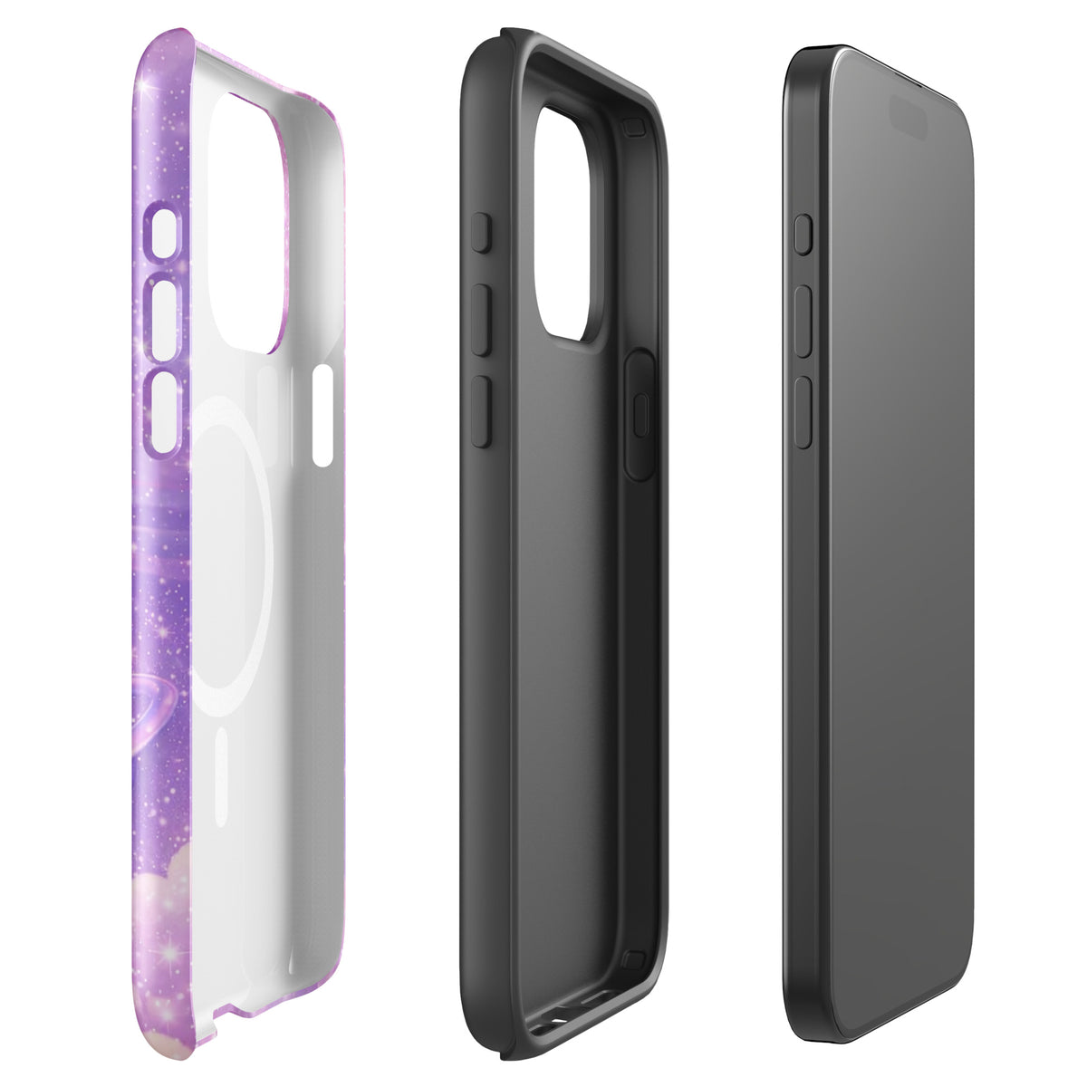 Magnetic Phone Case with cosmic heart and shooting star design for iPhone, featuring pastel clouds and celestial artwork.