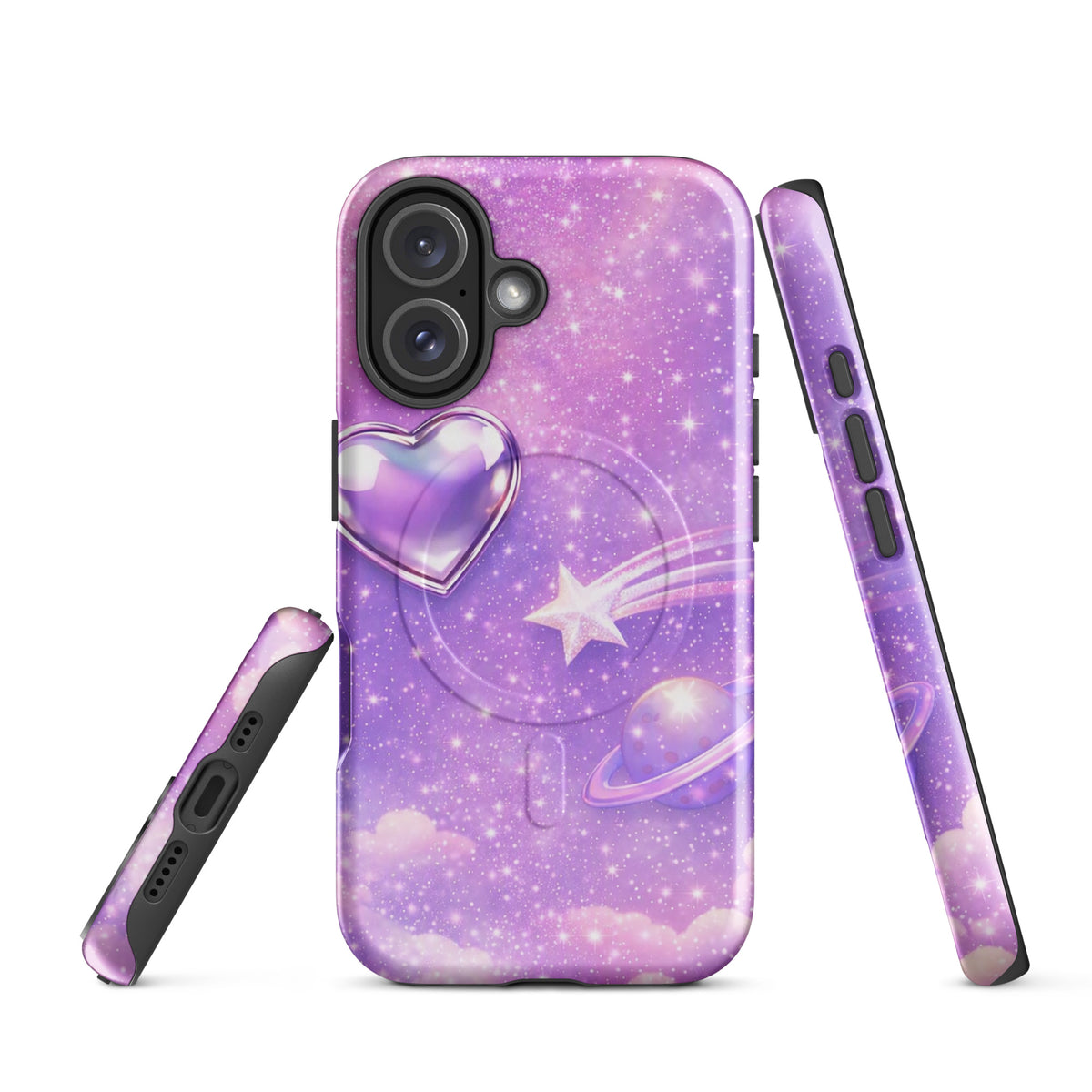 Magnetic Phone Case for iPhone featuring cosmic heart, shooting star, ringed planet, and stars on pastel cloud background.