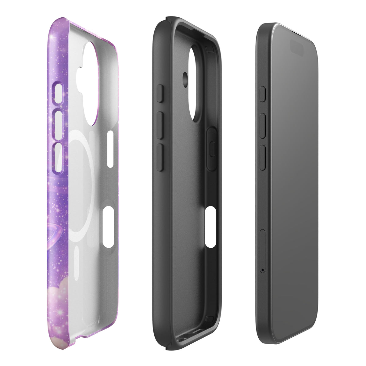 Magnetic Phone Case for iPhone featuring Cosmic Heart with Shooting Star design against a soft pastel cloud background.