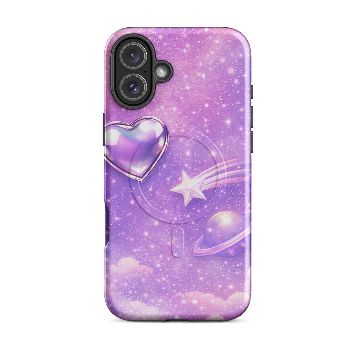 Magnetic Phone Case for iPhone with cosmic heart and shooting star design, featuring a metallic silver heart and galaxy background.
