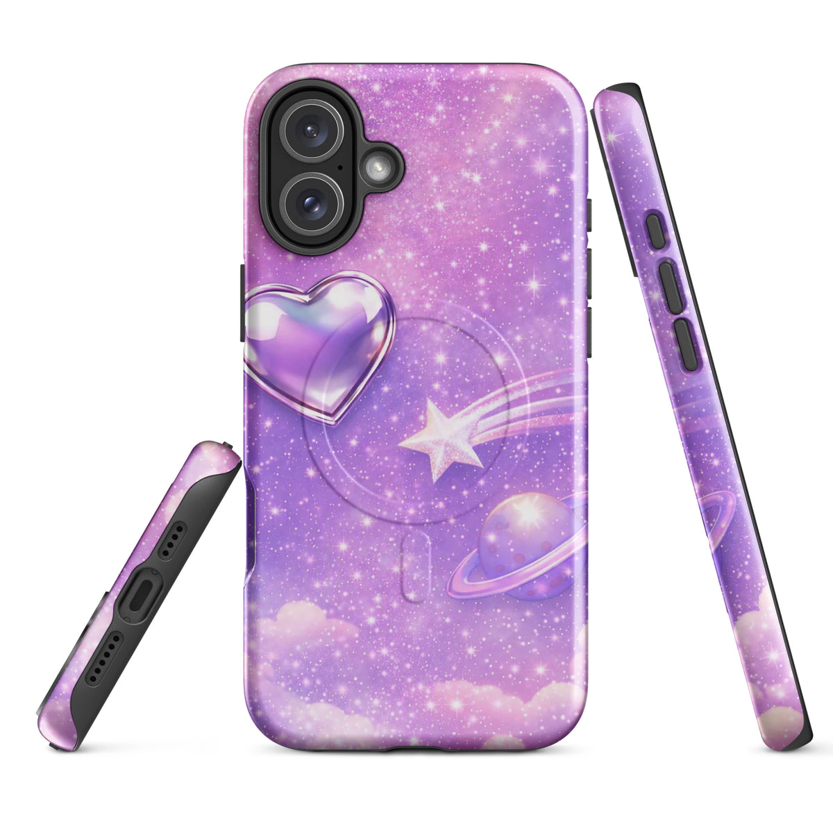Magnetic Phone Case for iPhone with cosmic heart and shooting star design, featuring metallic chrome heart and pastel clouds.