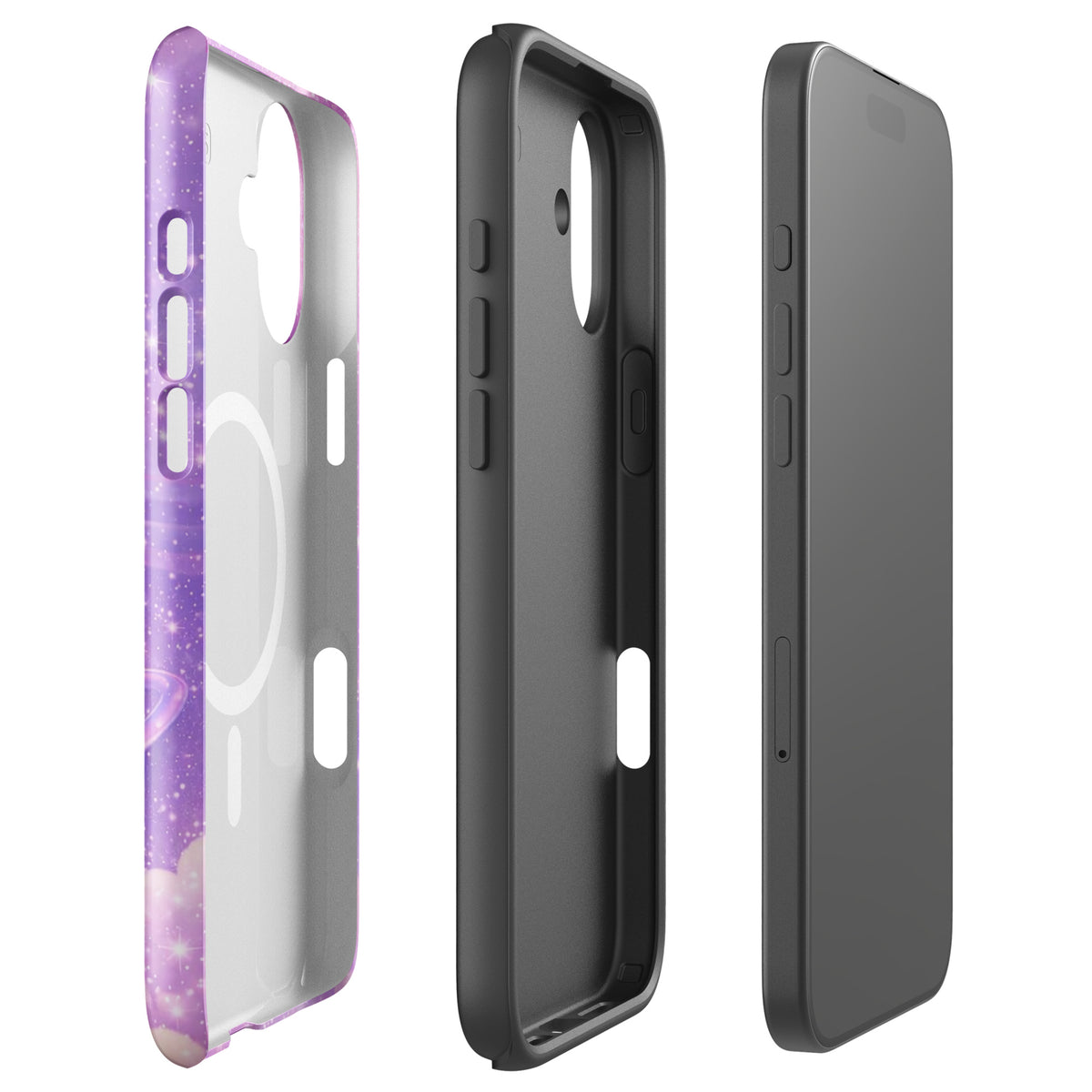 Magnetic Phone Case for iPhone with cosmic heart and shooting star design, featuring pastel clouds and celestial artwork.