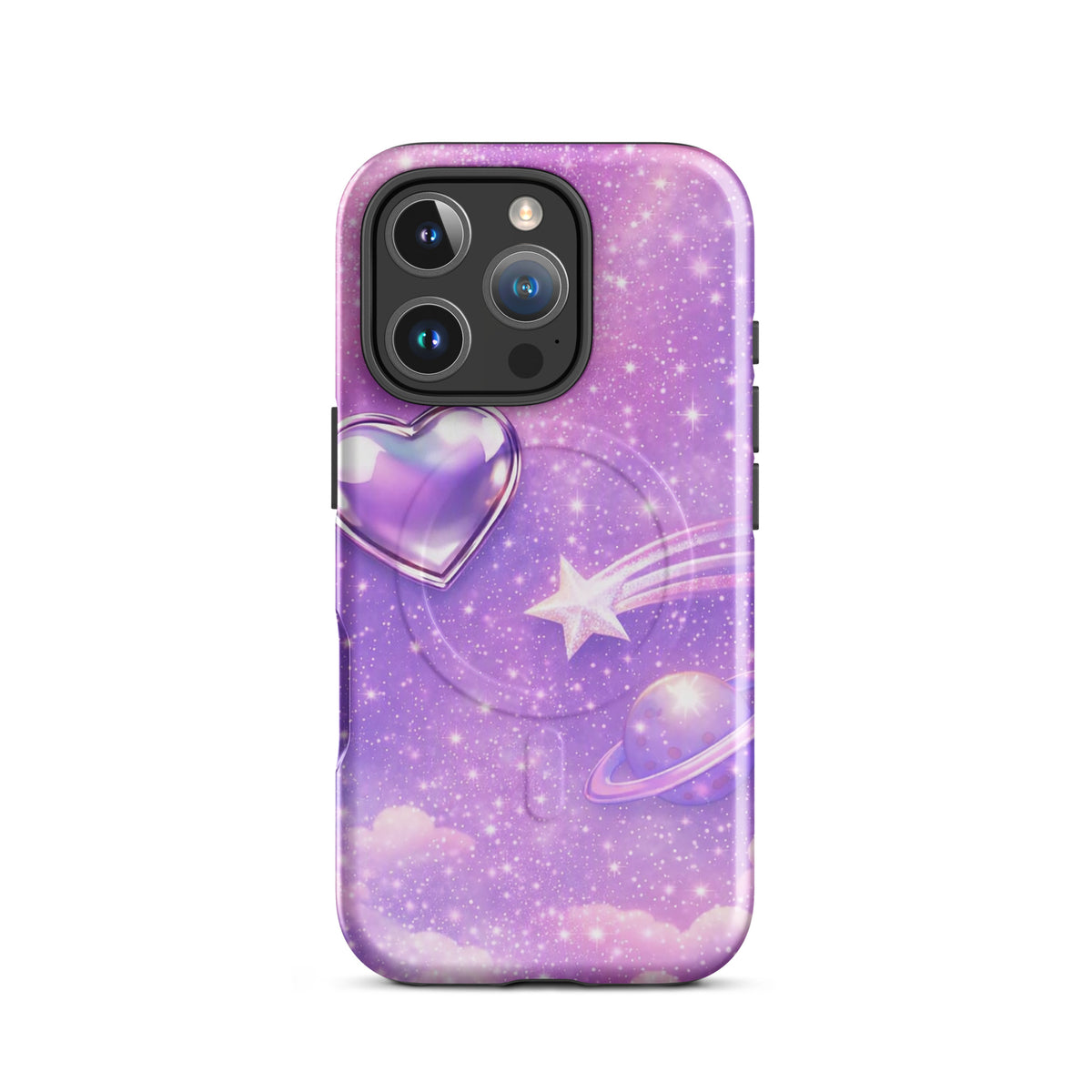 Magnetic Phone Case for iPhone with a cosmic heart and shooting star design, featuring a purple galaxy and celestial elements.
