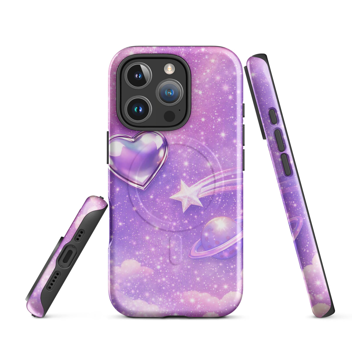 Magnetic Phone Case for iPhone with cosmic heart and shooting star design featuring pastel clouds and iridescent elements