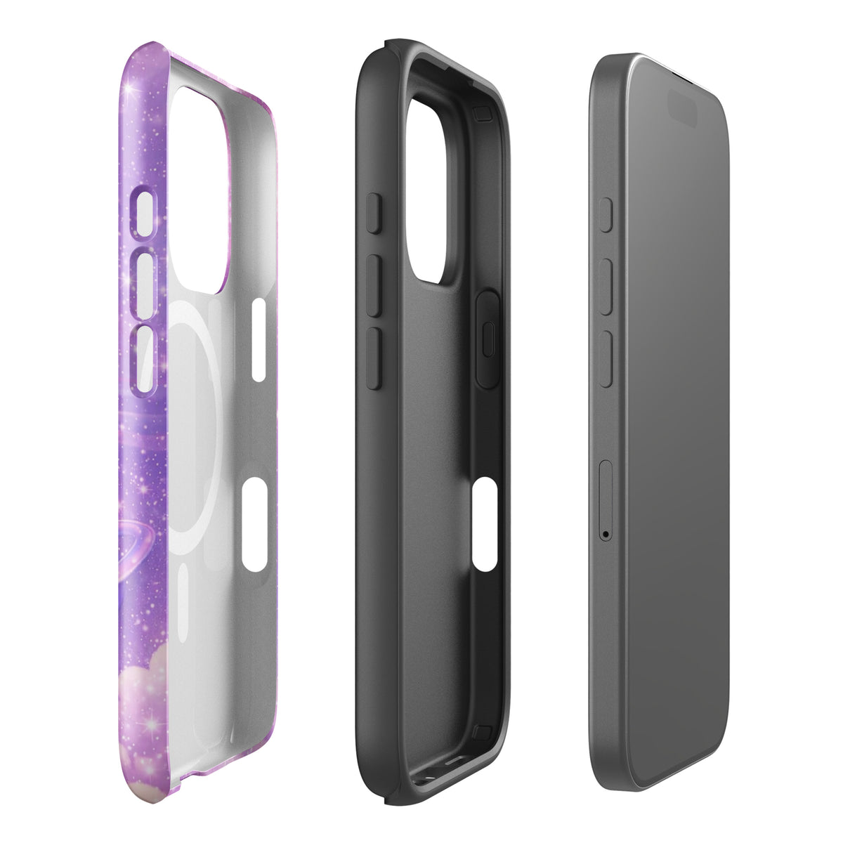 Magnetic Phone Case for iPhone Cosmic Heart design with pastel clouds, shooting star, and ringed planet.