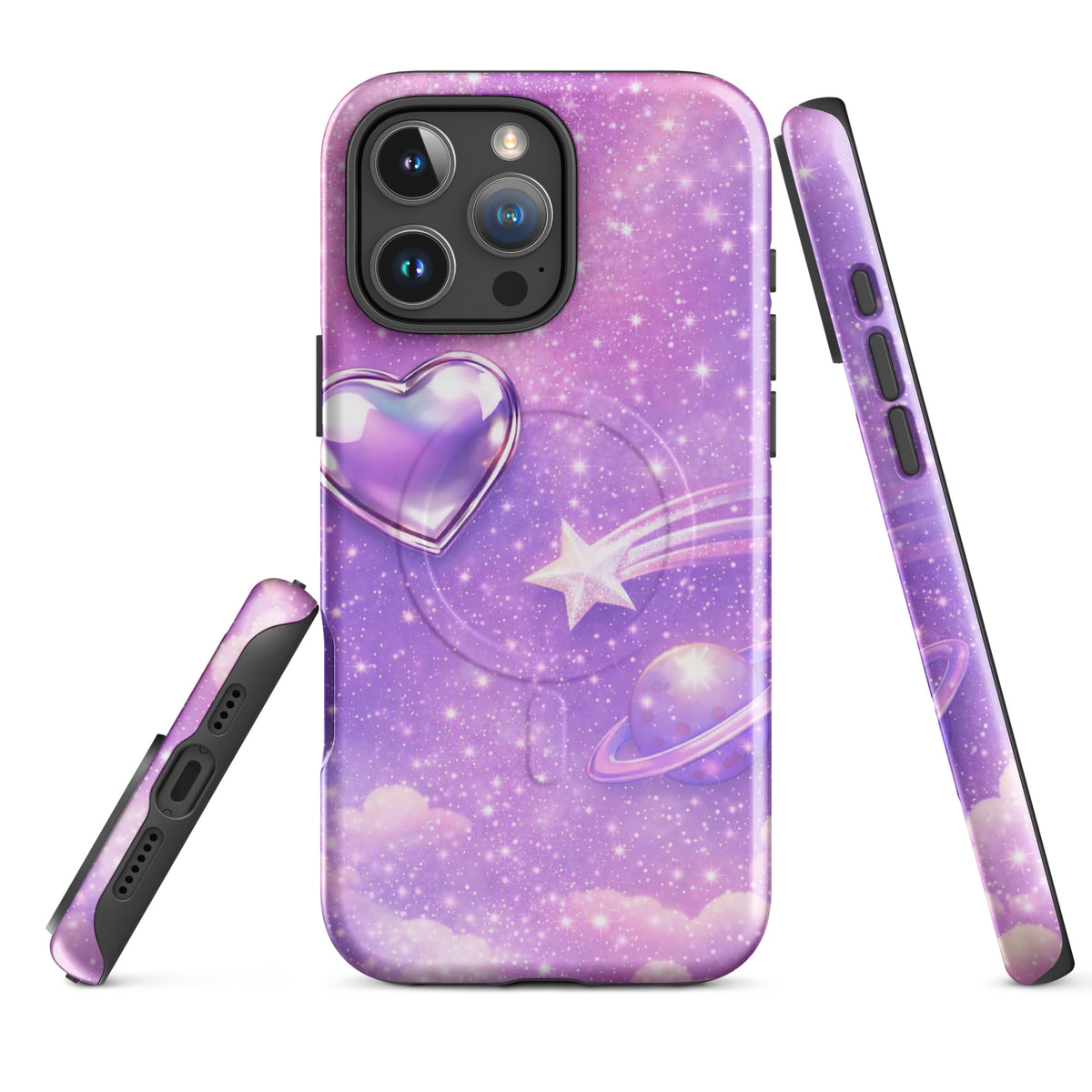 Magnetic Phone Case for iPhone with cosmic heart, shooting star, and planets design, in pastel shades and chrome finish