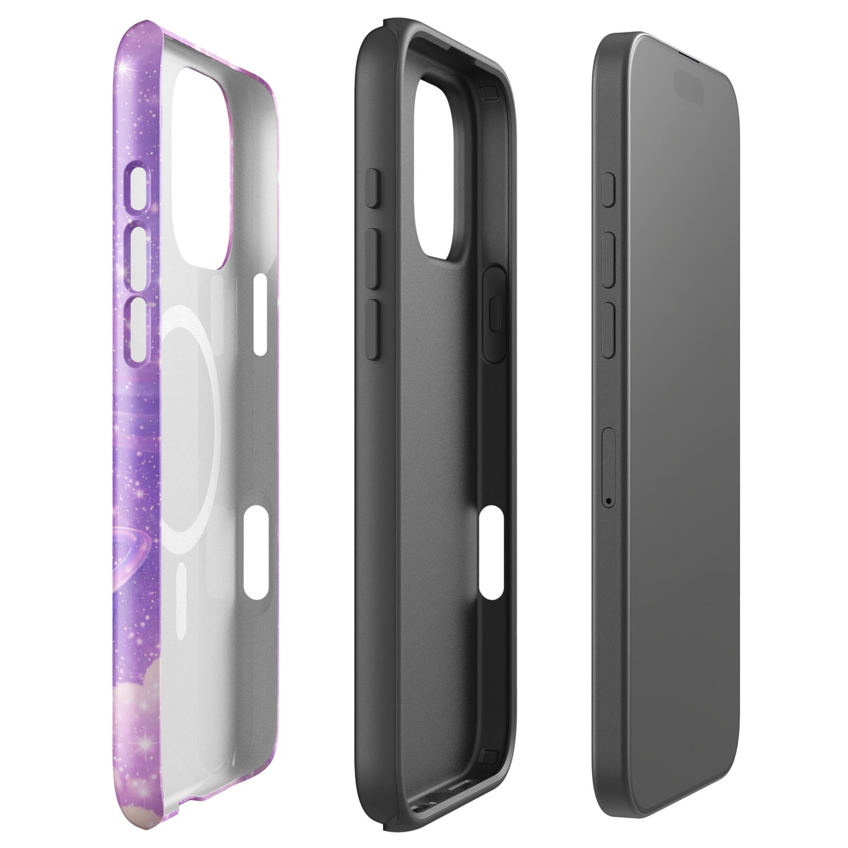 Magnetic Phone Case for iPhone with Cosmic Heart and Shooting Star design, featuring celestial motifs and metallic highlights.