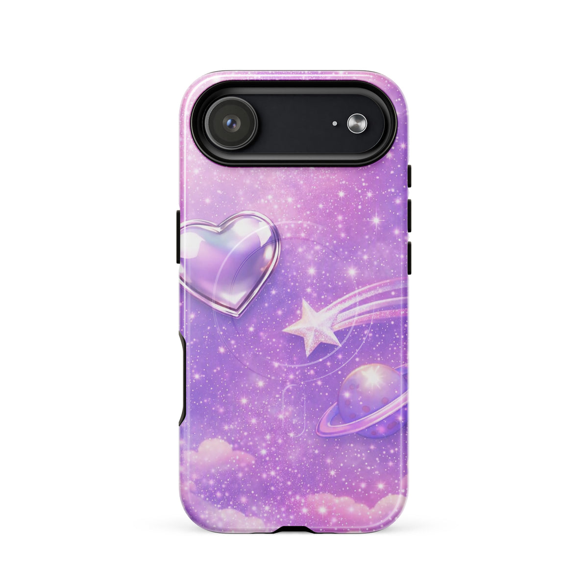 Magnetic Phone Case for iPhone with cosmic heart, shooting star, and ringed planet against pastel clouds and starry sky design.