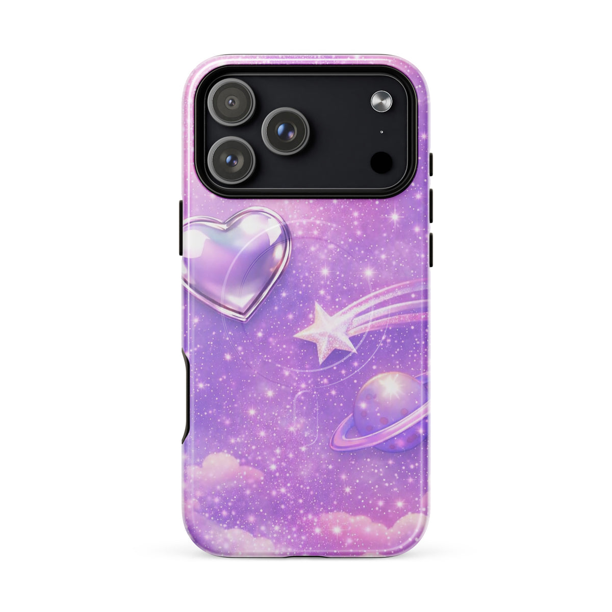 Magnetic Phone Case for iPhone with cosmic heart and shooting star design, featuring pastel clouds and twinkling celestial scene.