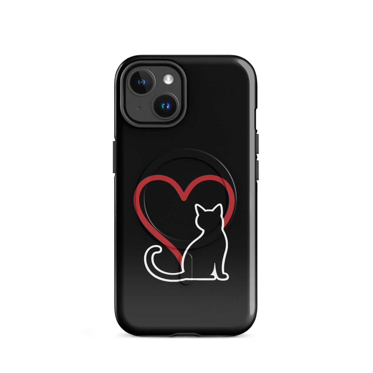 Magnetic Phone Case featuring a minimalist white cat with a red heart on black background, perfect for iPhone and cat lovers.
