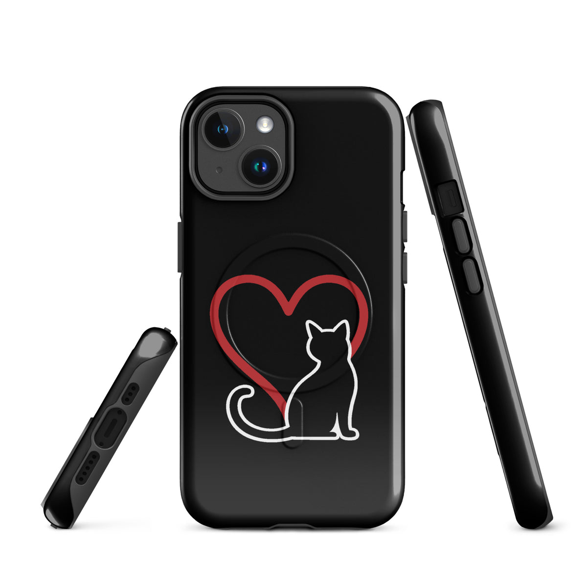 Magnetic Phone Case for iPhone with white cat and red heart design on black background.