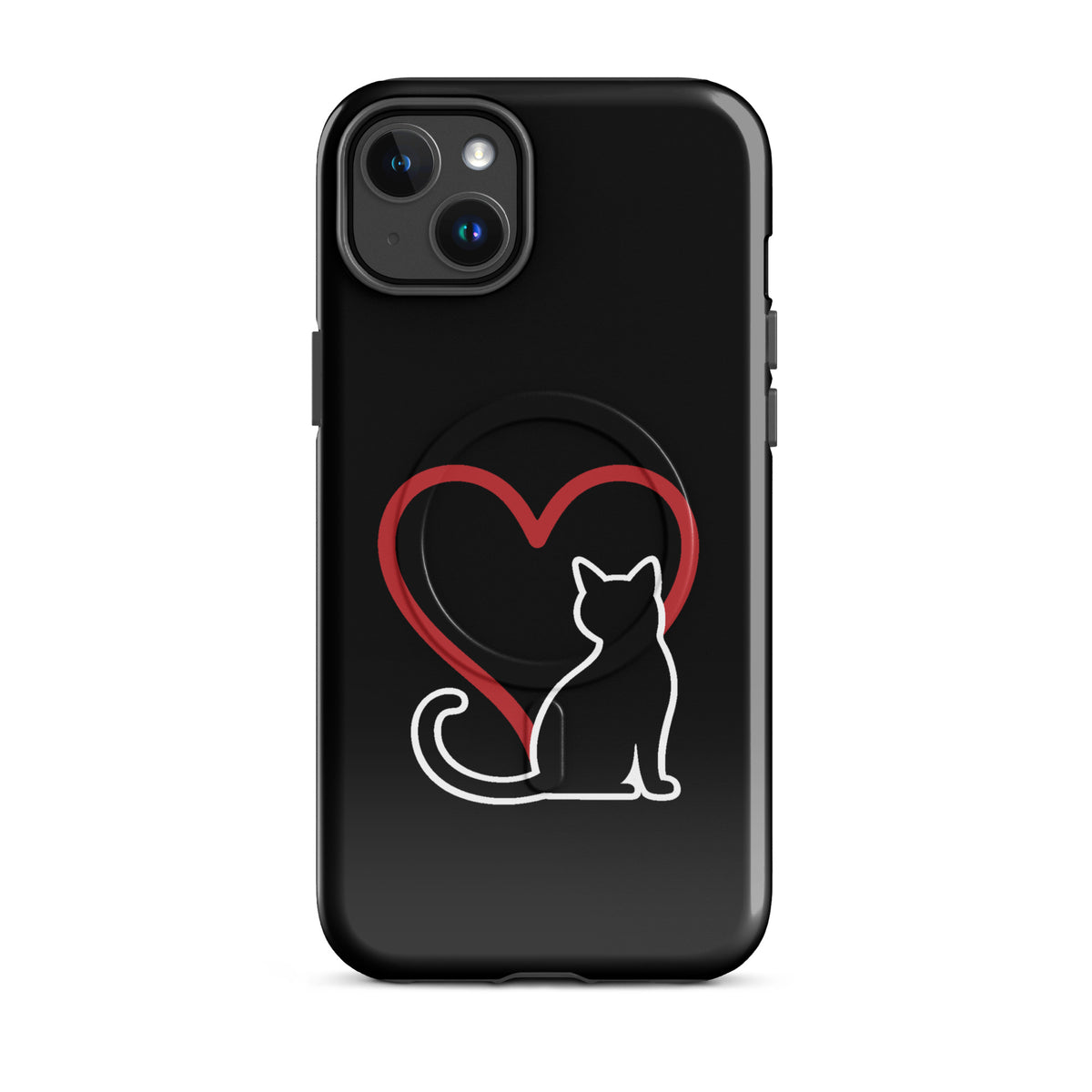 Magnetic Phone Case featuring a white cat with a red heart on a black background, perfect for cat lovers and iPhone users seeking elegance.