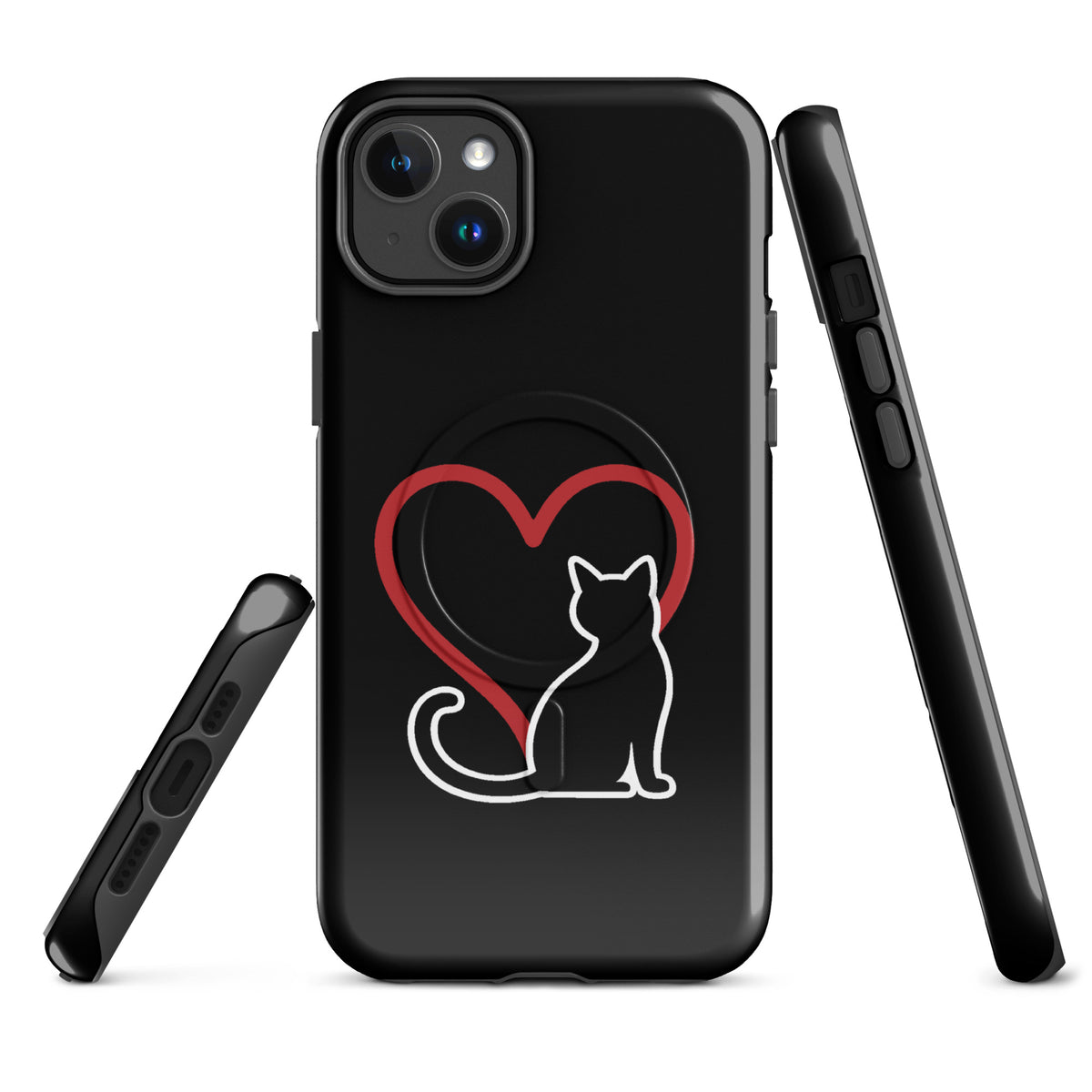 Magnetic Phone Case for iPhone with white cat and red heart design on black background, perfect for cat lovers seeking elegant protection.